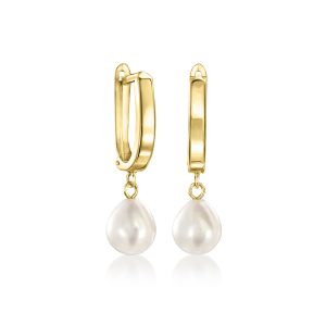 7-7.5mm Cultured Pearl Hoop Drop Earrings in 10kt Yellow Gold