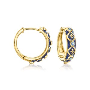 .30 ct. t.w. Sapphire and Blue Enamel Fleur-De-Lis Hoop Earrings in 18kt Gold Over Sterling. 3/4"