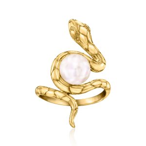8-8.5mm Cultured Pearl Snake Ring in 18kt Gold Over Sterling