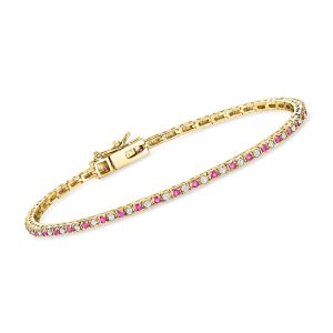 .90 ct. t.w. Ruby and .59 ct. t.w. Lab-Grown Diamond Tennis Bracelet in 18kt Gold Over Sterling. 7"