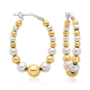 Italian 3-6mm Sterling Silver and 18kt Gold Over Sterling Bead Oval Hoop Earrings. 1 1/8"
