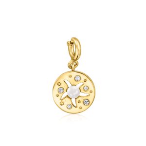 3-3.5mm Cultured Pearl Sand Dollar Charm with White Topaz in 18kt Gold Over Sterling