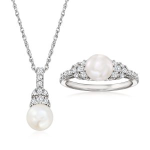7-7.5mm Cultured Pearl and .50 ct. t.w. White Topaz Jewelry Set: Pendant Necklace and Ring in Sterling Silver
