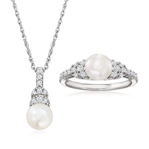 7-7.5mm Cultured Pearl and .50 ct. t.w. White Topaz Jewelry Set: Pendant Necklace and Ring in Sterling Silver