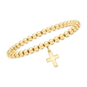 Italian 5mm 18kt Gold Vermeil Bead Stretch Bracelet with Cross Charm