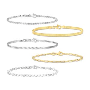 Italian Sterling Silver and 18kt Gold Over Sterling Jewelry Set: Five Chain Bracelets