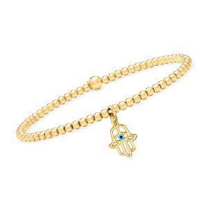 Italian 3mm 18kt Gold Vermeil Bead Stretch Bracelet with Hamsa Charm