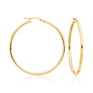 Italian 2mm 14kt Yellow Gold Hoop Earrings. 1 5/8"