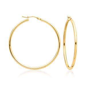 Italian 2mm 14kt Yellow Gold Hoop Earrings. 1 5/8"