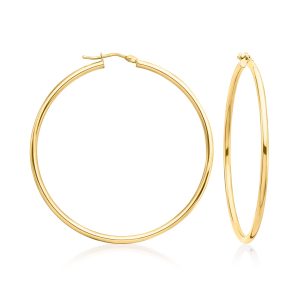 Italian 2mm 14kt Yellow Gold Hoop Earrings. 2"