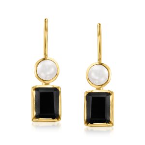 Onyx and 4.5-5mm Cultured Pearl Drop Earrings in 18kt Gold Over Sterling
