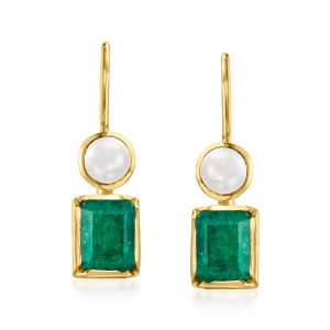 4.5-5mm Cultured Pearl and 3.90 ct. t.w. Emerald Drop Earrings in 18kt Gold Over Sterling