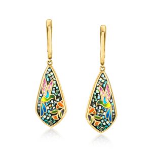 Multicolored Enamel and Abalone Shell Hummingbird Mosaic Drop Earrings in 18kt Gold Over Sterling
