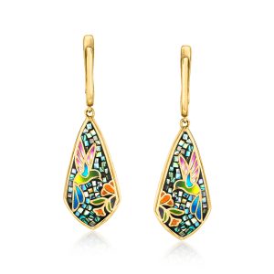 Multicolored Enamel and Abalone Shell Hummingbird Mosaic Drop Earrings in 18kt Gold Over Sterling