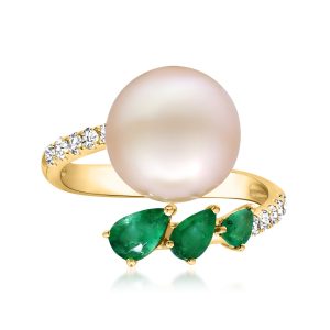 11-11.5mm Golden Cultured South Sea Pearl and .60 ct. t.w. Emerald Ring with .24 ct. t.w. Diamonds in 14kt Yellow Gold