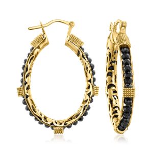 15.00 ct. t.w. Black Spinel Bead Hoop Earrings in 18kt Gold Over Sterling. 1 3/4"