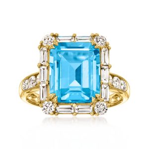4.50 Carat Swiss Blue Topaz Ring with 1.00 ct. t.w. Lab-Grown Diamonds in 14kt Yellow Gold