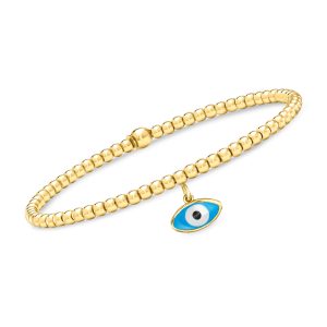 Italian 3mm 18kt Gold Vermeil Bead Stretch Bracelet with Evil Eye Charm