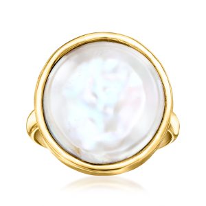 15-15.5mm Cultured Coin Pearl Ring in 18kt Gold Over Sterling