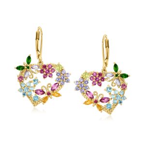 3.73 ct. t.w. Multi-Gemstone Flower and Butterfly Heart Drop Earrings in 18kt Gold Over Sterling