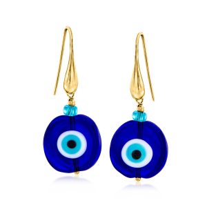 Italian Tonal Blue Murano Glass Evil Eye Drop Earrings with 18kt Gold Over Sterling