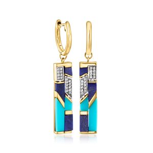 Turquoise and Lapis Drop Earrings with .10 ct. t.w. White Topaz in 18kt Gold Over Sterling