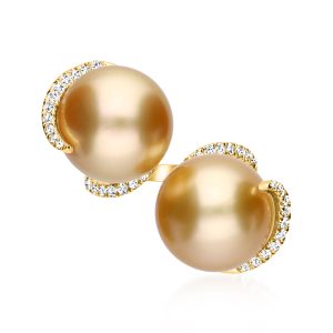 11-12mm Golden Cultured South Sea Pearl Bypass Ring with .48 ct. t.w. Diamonds in 14kt Yellow Gold