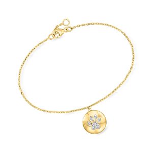 Diamond Paw Print Disc Charm Bracelet in 18kt Gold Over Sterling. 6.5"