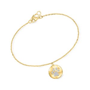 Diamond Paw Print Disc Charm Bracelet in 18kt Gold Over Sterling. 6.5"