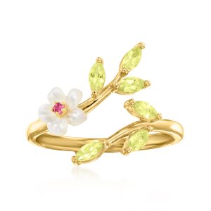 Mother-of-Pearl and .30 ct. t.w. Peridot Flower Ring with Rhodolite Garnet in 18kt Gold Over Sterling