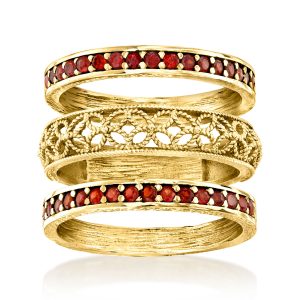 .60 ct. t.w. Garnet and Scrollwork Jewelry Set: Three Rings in 18kt Gold Over Sterling