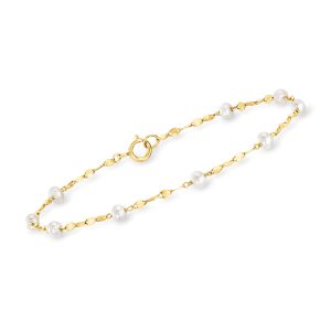 3-3.5mm Cultured Pearl Station Lumachina-Chain Bracelet in 14kt Yellow Gold