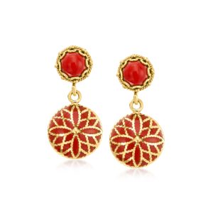 Red Coral Drop Earrings with Red Enamel in 18kt Gold Over Sterling