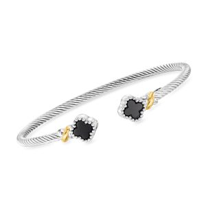 Phillip Gavriel "Italian Cable" Onyx Clover Cuff Bracelet in Sterling Silver with 18kt Yellow Gold. 7.5"