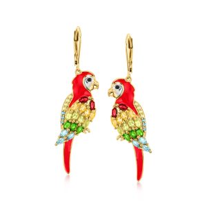 2.33 ct. t.w. Multi-Gemstone Parrot Drop Earrings with Red Enamel in 18kt Gold Over Sterling