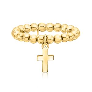 3mm 14kt Yellow Gold Bead Stretch Ring with Cross Charm