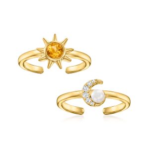 3mm Cultured Pearl and .25 ct. t.w. Multi-Gemstone Jewelry Set: Two Celestial Toe Rings in 18kt Gold Over Sterling