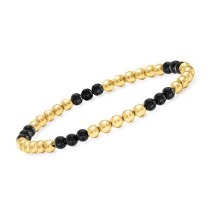 4-4.5mm Onyx Trio and 18kt Gold Vermeil Bead Stretch Bracelet