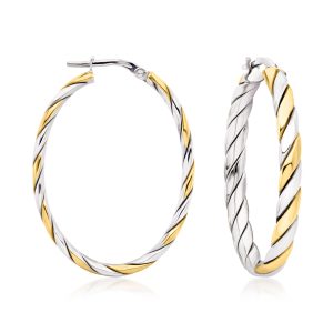 Italian Sterling Silver and 18kt Gold Over Sterling Twisted Oval Hoop Earrings. 1 3/8"