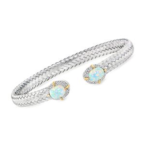 Charles Garnier "L'Opal" Lab-Grown Opal and .30 ct. t.w. CZ Cuff Bracelet in Sterling Silver with 18kt Gold Over Sterling. 7.5"