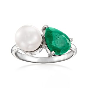 7.5-8mm Cultured Pearl and 1.70 Carat Emerald Toi et Moi Ring in Sterling Silver