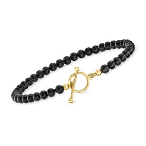 3.5-4mm Onyx Bead Charm-Compatible Toggle Bracelet in 18kt Gold Over Sterling