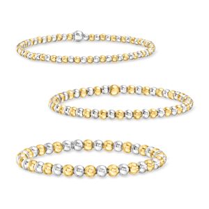 Italian Sterling Silver and 18kt Gold Vermeil Jewelry Set: Three 3-5mm Bead Stretch Bracelets