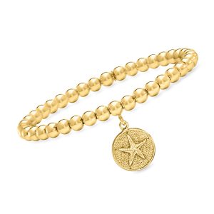 Italian 5mm 18kt Gold Vermeil Bead Stretch Bracelet with Sand Dollar Charm