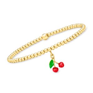 Italian 3mm 18kt Gold Vermeil Bead Stretch Bracelet with Enamel Cherry Charm