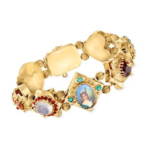 C. 1950 Vintage 1.5-5.5mm Cultured Pearl and 9.91 ct. t.w. Multi-Gemstone Slide Bracelet in 14kt Yellow Gold. 7"