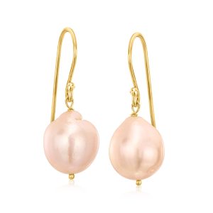 Italian 10mm Peach Cultured Baroque Pearl Drop Earrings in 18kt Gold Over Sterling