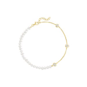 3.5-4mm Cultured Pearl and .80 ct. t.w. White Topaz Station Anklet in 18kt Gold Over Sterling. 9"