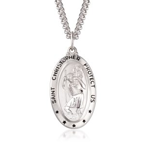 Men's Sterling Silver Saint Christopher Oval Medal with Stainless Steel Chain. 24"