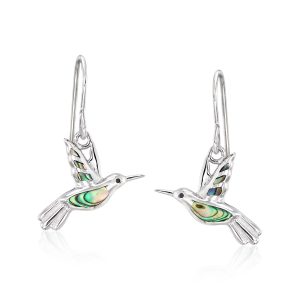 Abalone Shell Hummingbird Drop Earrings with Black Enamel in Sterling Silver